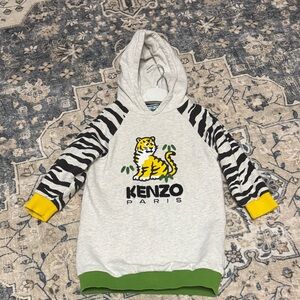 Kenzo Kids Heather Gray Hoodie with Yellow Tiger and Zebra Sleeves